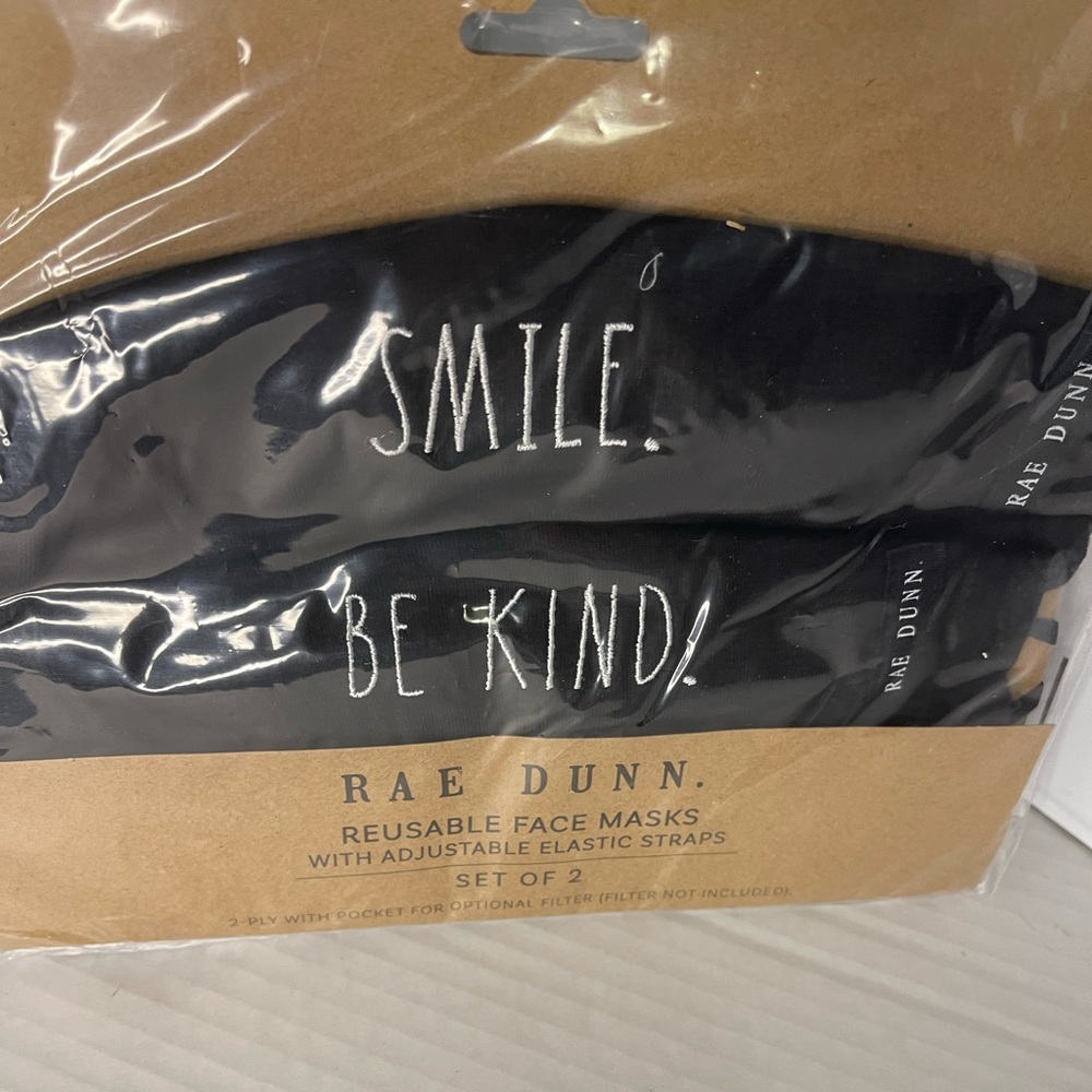 Rae Dunn Reusable Cotton Masks Adjustable Ear Loops SMILE BE KIND New